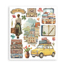 Collection of travel-themed illustrations including a woman with a suitcase, vintage cars, and scenic views on a white background.