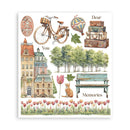 Illustrated postcard with bicycle, hot air balloon, suitcases, building, trees, bench, and flowers on a white background.