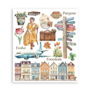 Illustrated poster with travel-themed elements including a woman, suitcase, airplane, and buildings.