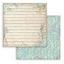 Two sheets of decorative paper with musical notes and patterns on a white background