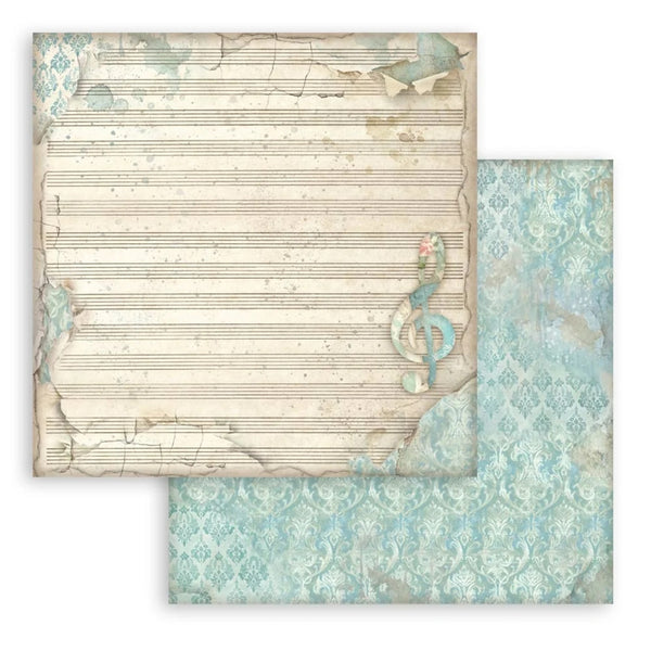 Two sheets of decorative paper with musical notes and patterns on a white background