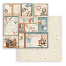 Decorative paper sheet with vintage-style illustrations and text on a white background