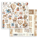 Collection of vintage-themed stickers with teddy bears, hot air balloons, and other baby-related items on a white background.
