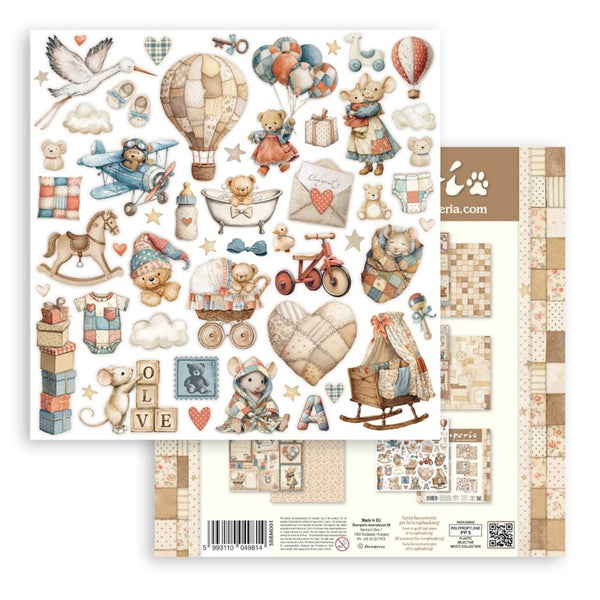 Collection of vintage-themed stickers with teddy bears, hot air balloons, and other baby-related items on a white background.