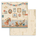 Decorative paper with cartoon mice and teddy bear design on a wooden surface.