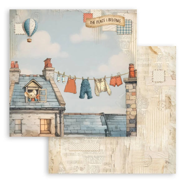Illustration of a house with clothes on a line, a hot air balloon, and text 'The Place I Belong' on a textured paper background.