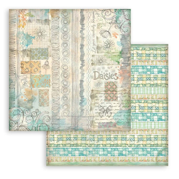 Patterned paper sheets with decorative designs and text on a white background