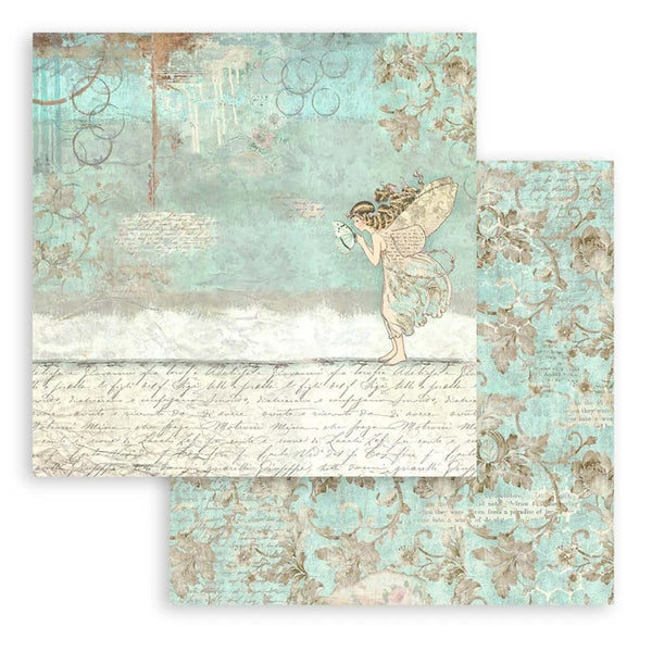 Vintage-style paper with fairy design and decorative elements on a white background