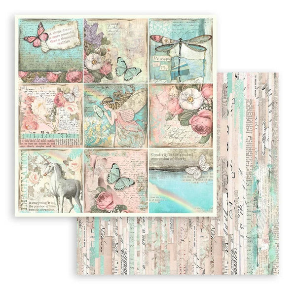 Set of decorative paper sheets with fairy, unicorn, and butterfly designs on a white background.