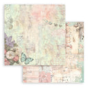 Two sheets of decorative paper with floral and butterfly designs on a textured background.