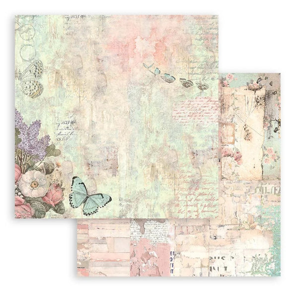 Two sheets of decorative paper with floral and butterfly designs on a textured background.