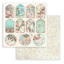 Set of decorative tags with floral and fantasy designs on a textured paper background.