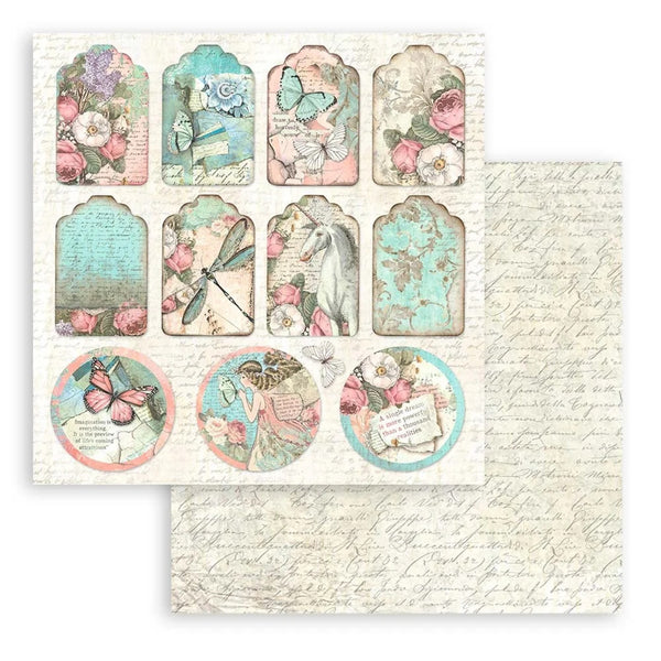 Set of decorative tags with floral and fantasy designs on a textured paper background.