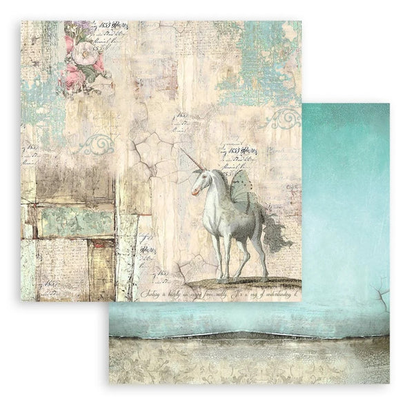 Vintage-style paper with a unicorn design on a textured background