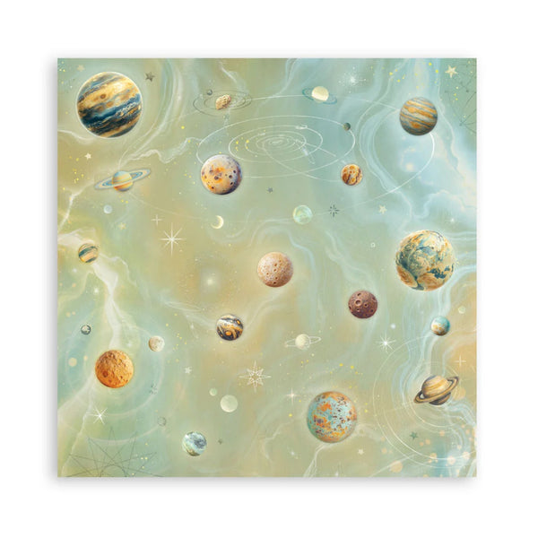 Illustration of planets and stars on a swirling cosmic background