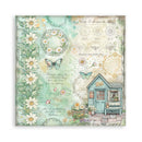 Decorative book cover with garden scene, flowers, and a small house.
