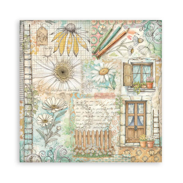 Decorative notebook cover with floral and architectural design on a white background