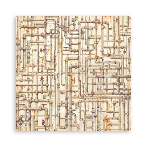 Complex network of pipes and valves on a beige background