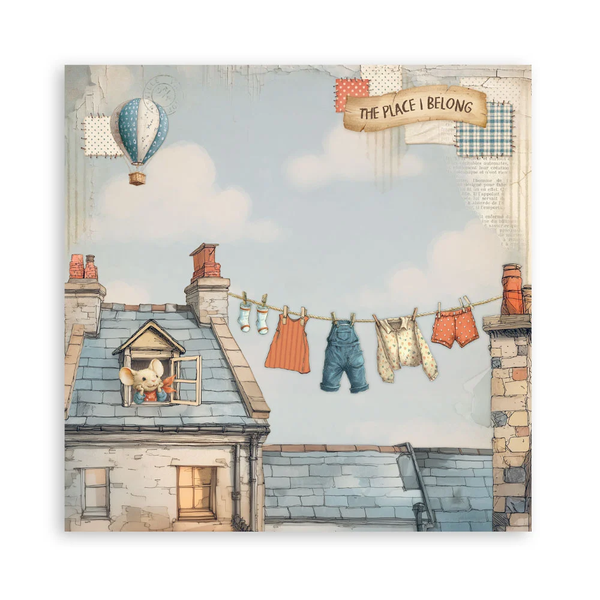 Illustration of a house with clothes hanging on a line and a hot air balloon in the sky.