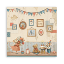Decorative wall art with teddy bears and children's elements on a wooden background.