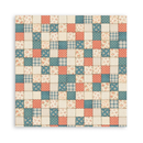 Patchwork quilt with multicolored squares on a white background