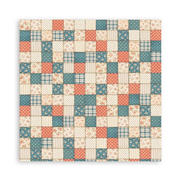 Patchwork quilt with multicolored squares on a white background