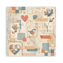 Decorative paper with patchwork design, hearts, and birds on a white background