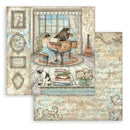 Decorative paper with a woman playing a piano, cat, books, and guitar on a vintage-style background.