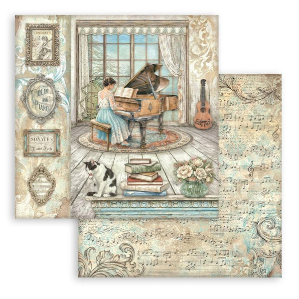 Decorative paper with a woman playing a piano, cat, books, and guitar on a vintage-style background.