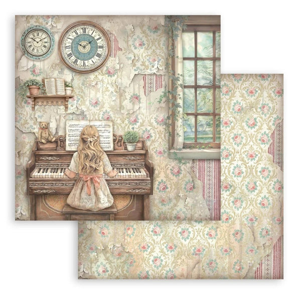 Vintage-style wallpaper with a girl playing an organ and decorative elements.