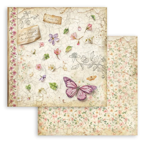 Two sheets of decorative paper with floral and butterfly designs on a textured background.