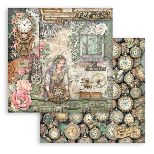 Decorative paper with vintage clock design and text, featuring a woman and intricate clock details.
