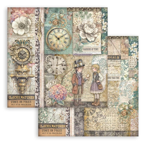 Collection of vintage-themed paper sheets with clocks, flowers, and text on a white background.