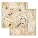Sheet of vintage-style paper with text, illustrations, and a magnifying glass.