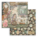Decorative paper with vintage clock design and text, featuring a woman and intricate clock details.