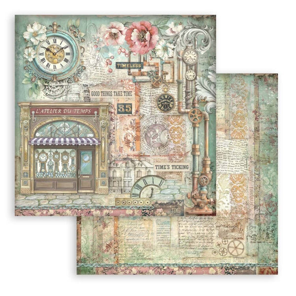 Decorative paper sheet with vintage clock and floral design on a white background