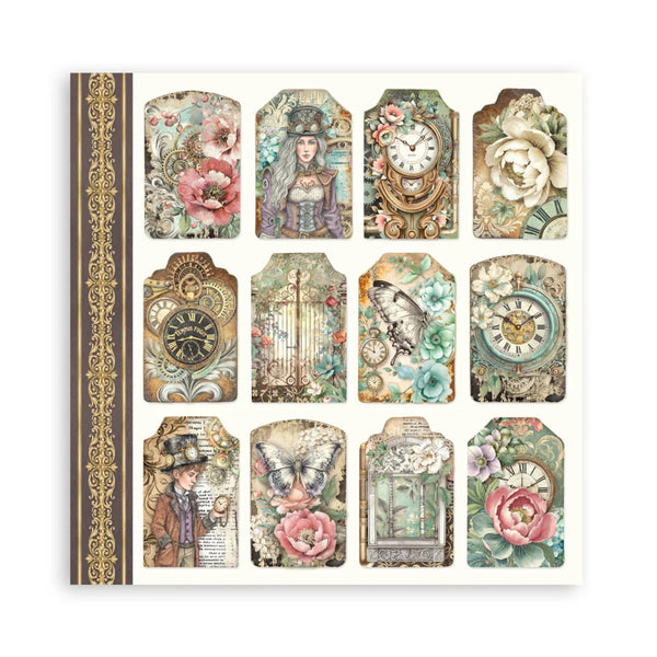 Decorative wall stickers with vintage-style designs featuring clocks, flowers, and portraits on a white background.