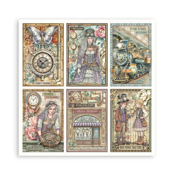 Set of six vintage-themed posters featuring clocks, steam trains, and people in period attire.