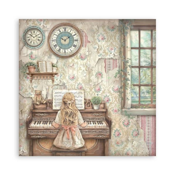 Vintage-style painting of a girl playing an old piano in a decorated room with clocks and a window.