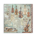 Decorative paper with violins and music sheet designs on a textured background
