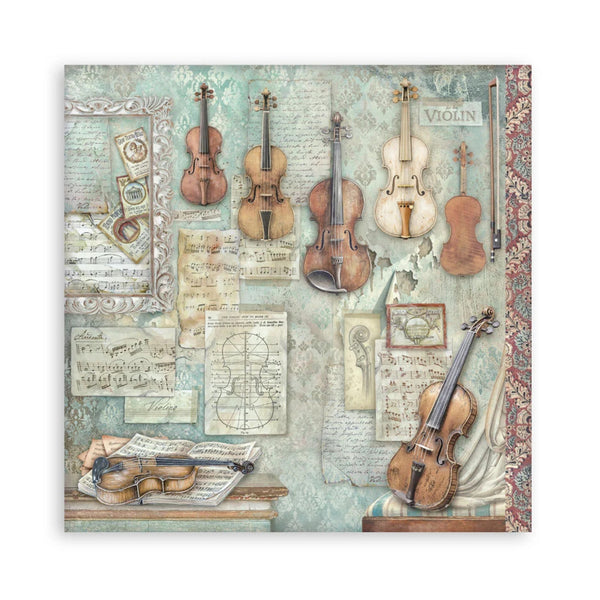 Decorative paper with violins and music sheet designs on a textured background