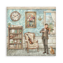 Man playing violin in a room with decorative elements like a clock, books, and a cat.