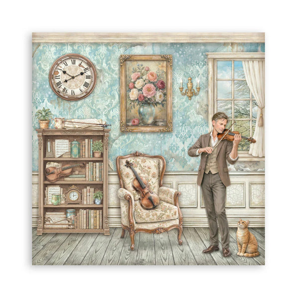 Man playing violin in a room with decorative elements like a clock, books, and a cat.