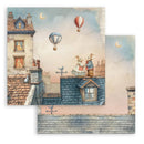 Illustration of two mice on a rooftop with hot air balloons in the sky.