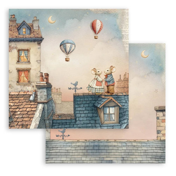 Illustration of two mice on a rooftop with hot air balloons in the sky.