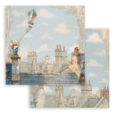 Illustration of a mouse on a rooftop with a kite, set against a backdrop of rooftops and clouds.