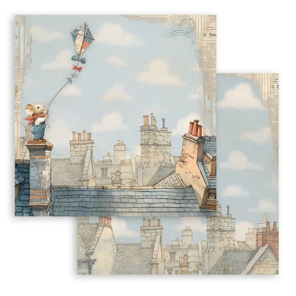 Illustration of a mouse on a rooftop with a kite, set against a backdrop of rooftops and clouds.