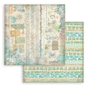 Patterned paper sheets with decorative designs and text on a white background
