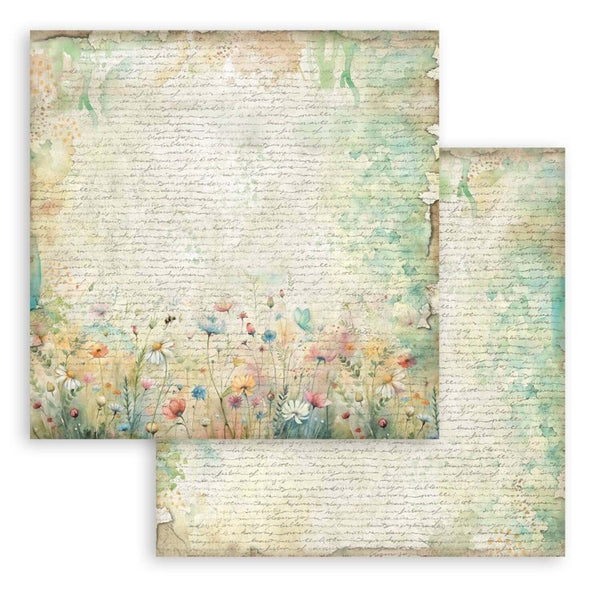 Two sheets of decorative paper with floral designs and text on a white background