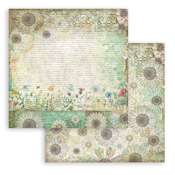 Two sheets of floral and nature-themed paper with intricate designs on a white background.
